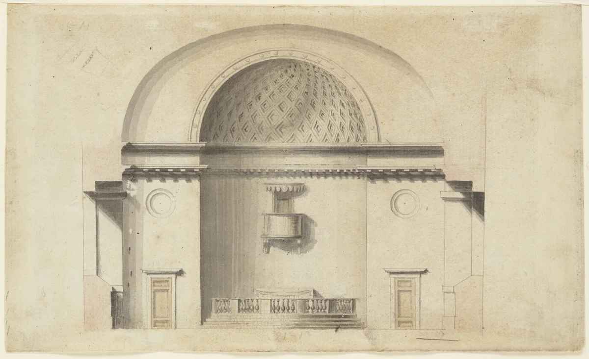 Cross-section of a chapel (?) (recto); Pavillion in Neogothic style (verso) by anonymous, drawing, 1750-1850