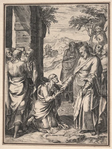 Copy of Cornelis Cort: Christ Giving the Key of the Church to Saint Peter by anonymous, print, 1562-1572