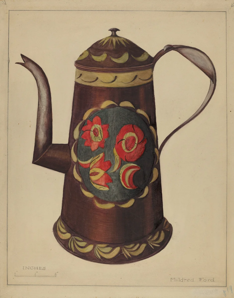 Toleware Coffee Pot by Mildred Ford, index of american design, 1935-1942