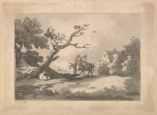 Landscape with Figures on Horseback, Another Resting Under a Gnarled Tree, and a Cottage at Right Nestled in Trees by Thomas Rowlandson, print, 1784-1788
