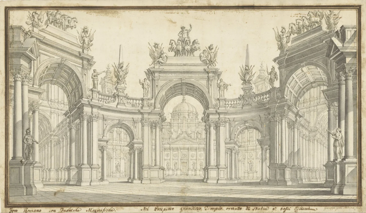 Decorontwerp van het Forum Romanum by Giuseppe Galli Bibiena, drawing, 1706-1756
