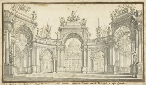 Decorontwerp van het Forum Romanum by Giuseppe Galli Bibiena, drawing, 1706-1756