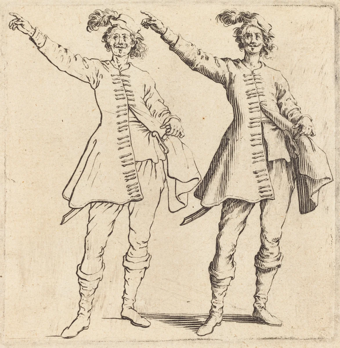 Officer, with Arm Extended, Front View by Jacques Callot, print, 1621-1624