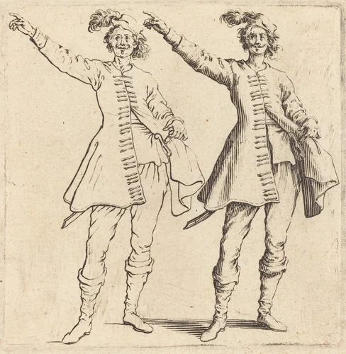 Officer, with Arm Extended, Front View by Jacques Callot, print, 1621-1624
