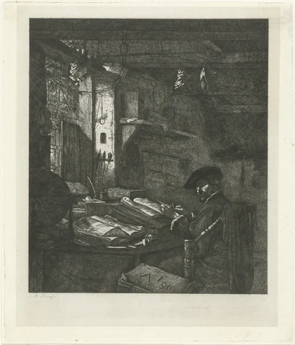 Koopman in zijn kantoor by Jacobus Ludovicus Cornet, print, 1825-1882