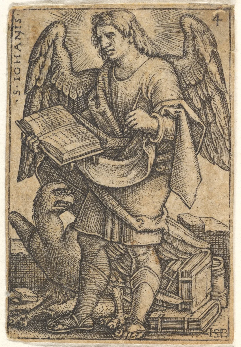 Saint John with his head turned three-quarters to the left, with a book in his right hand and an eagle at his fee, plate 4 from "The Four Evangelists" by Sebald Beham, print, 1541