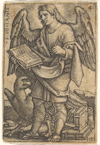Saint John with his head turned three-quarters to the left, with a book in his right hand and an eagle at his fee, plate 4 from "The Four Evangelists" by Sebald Beham, print, 1541