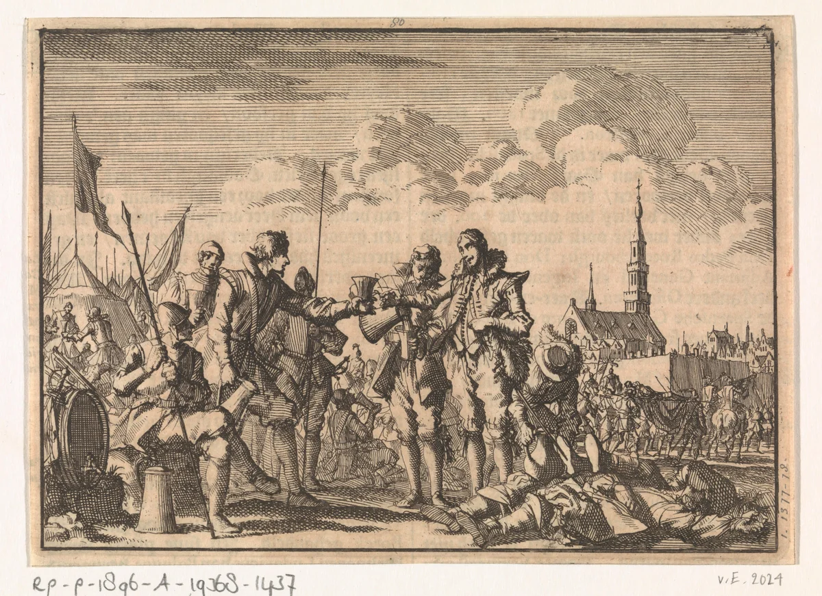 Vriendschappelijke ontmoeting van Spaanse en Hollandse soldaten tijdens een wapenstilstand bij het beleg van Breda, 1637 by Jan Luyken, print, 1698
