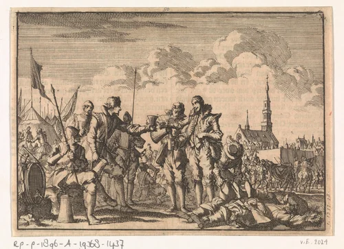 Vriendschappelijke ontmoeting van Spaanse en Hollandse soldaten tijdens een wapenstilstand bij het beleg van Breda, 1637 by Jan Luyken, print, 1698