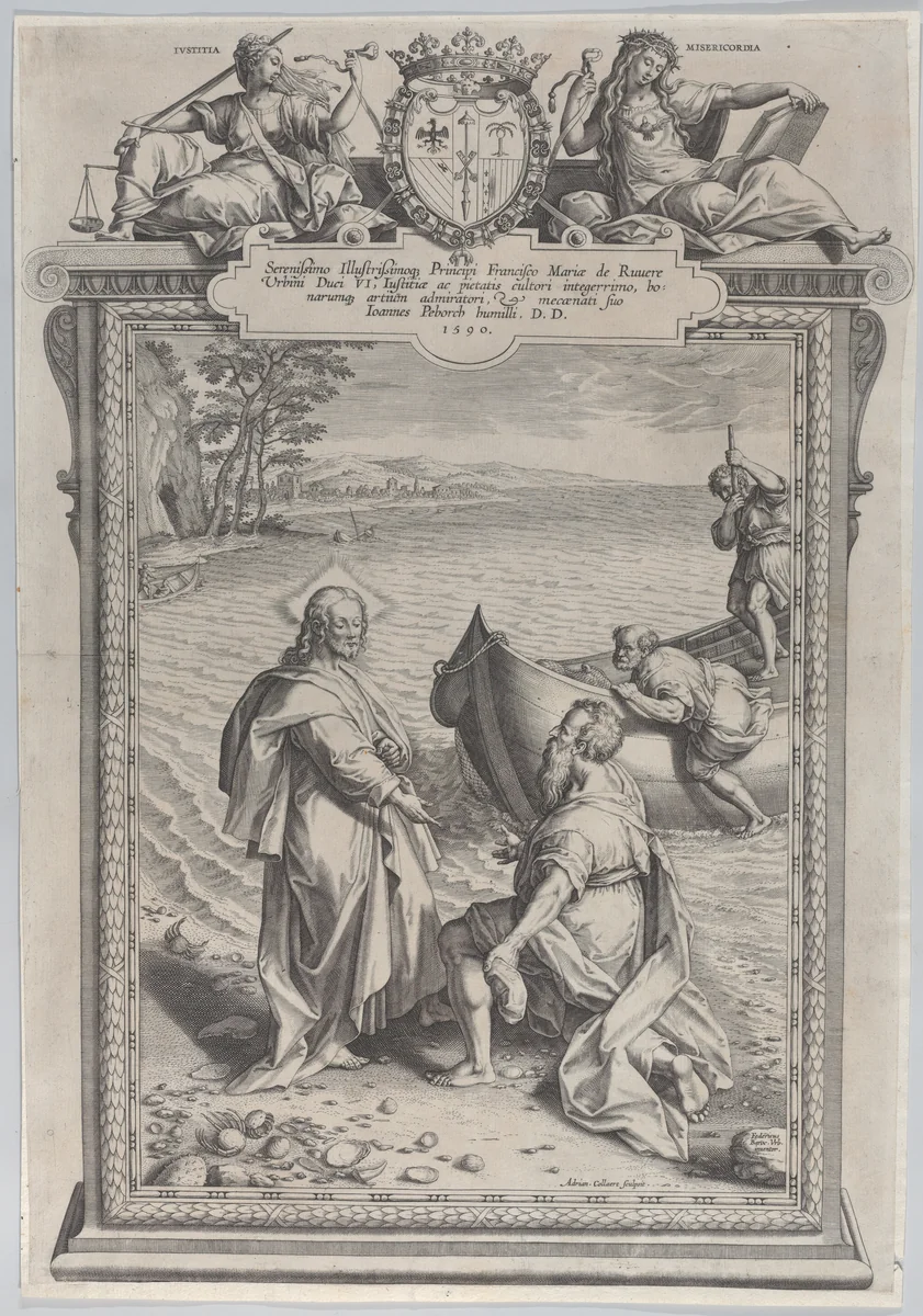 Christ calling Saint Andrew, who kneels before him on a beach, and Saint Peter, who climbs out of a boat at right by Adriaen Collaert, print, 1590