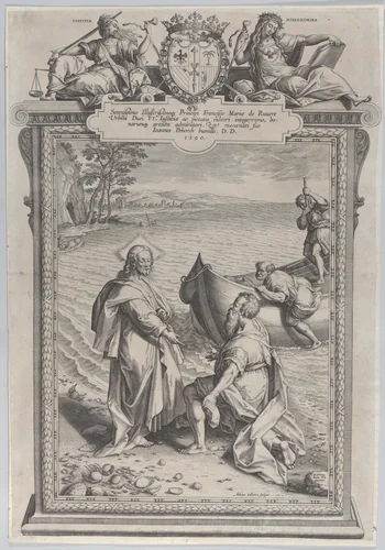 Christ calling Saint Andrew, who kneels before him on a beach, and Saint Peter, who climbs out of a boat at right by Adriaen Collaert, print, 1590