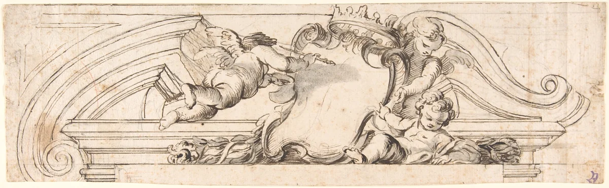 Design for a Pediment with Putti and a Blank Escutcheon by anonymous, drawing, 1680-1730
