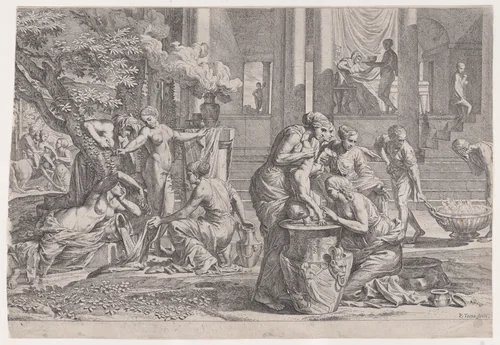 The birth and the infancy of Achilles by Pietro Testa, print, 1625-1675
