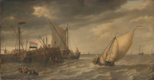 Travellers Disembarking at a Jetty on the Scheldt in Strong Winds by Bonaventura Peeters, painting, 1635
