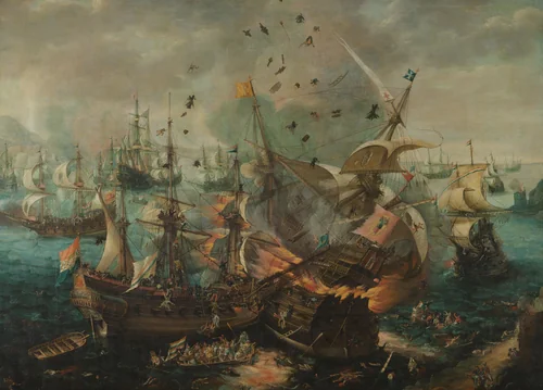 Battle of Gibraltar in 1607 by Cornelis Claesz van Wieringen, painting, 1621