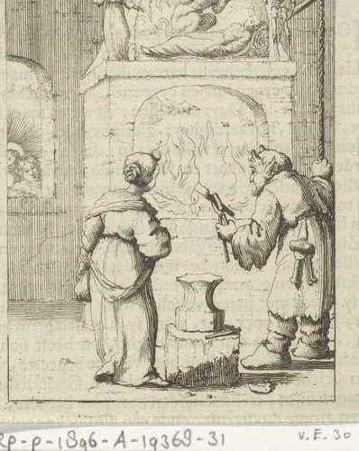 Vrouwe Wereld en de duivel in een smidse by Jan Luyken, print, 1678-1687
