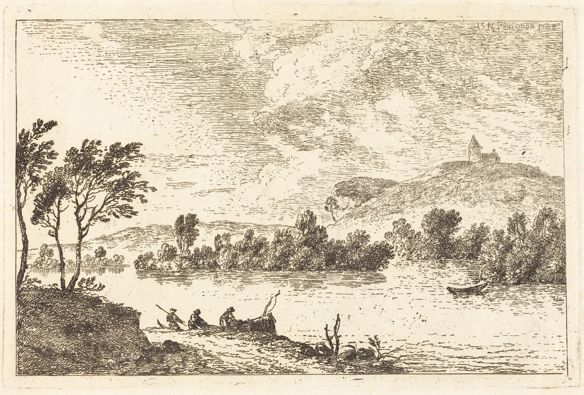 River Landscape with Figures and a Boat at Water's Edge by Nicolas Pérignon, print, 1768