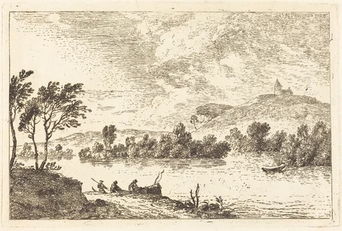 River Landscape with Figures and a Boat at Water's Edge by Nicolas Pérignon, print, 1768