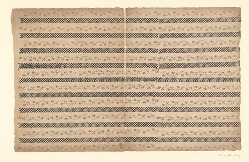 Twee bladen met horizontaal banenpatroon van rasterwerk en bloemranken by anonymous, other, 1750-1900