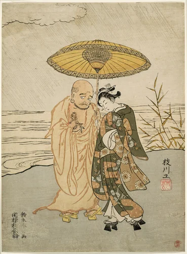 Daruma and a young woman in the rain by Suzuki Harunobu (鈴木春信), print, 1765
