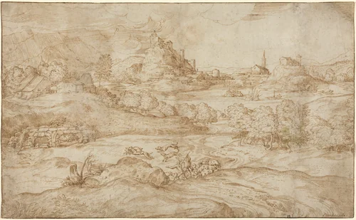 Landscape with Shepherds Driving Away a Wolf by Domenico Campagnola, drawing, 1540