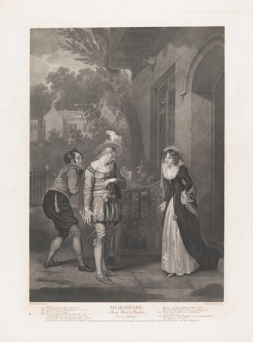Anne Page, Slender and Shallow (Shakespeare, Merry Wives of Windsor, Act 1, Scene 1) by Peter Simon, print, 1792-1852
