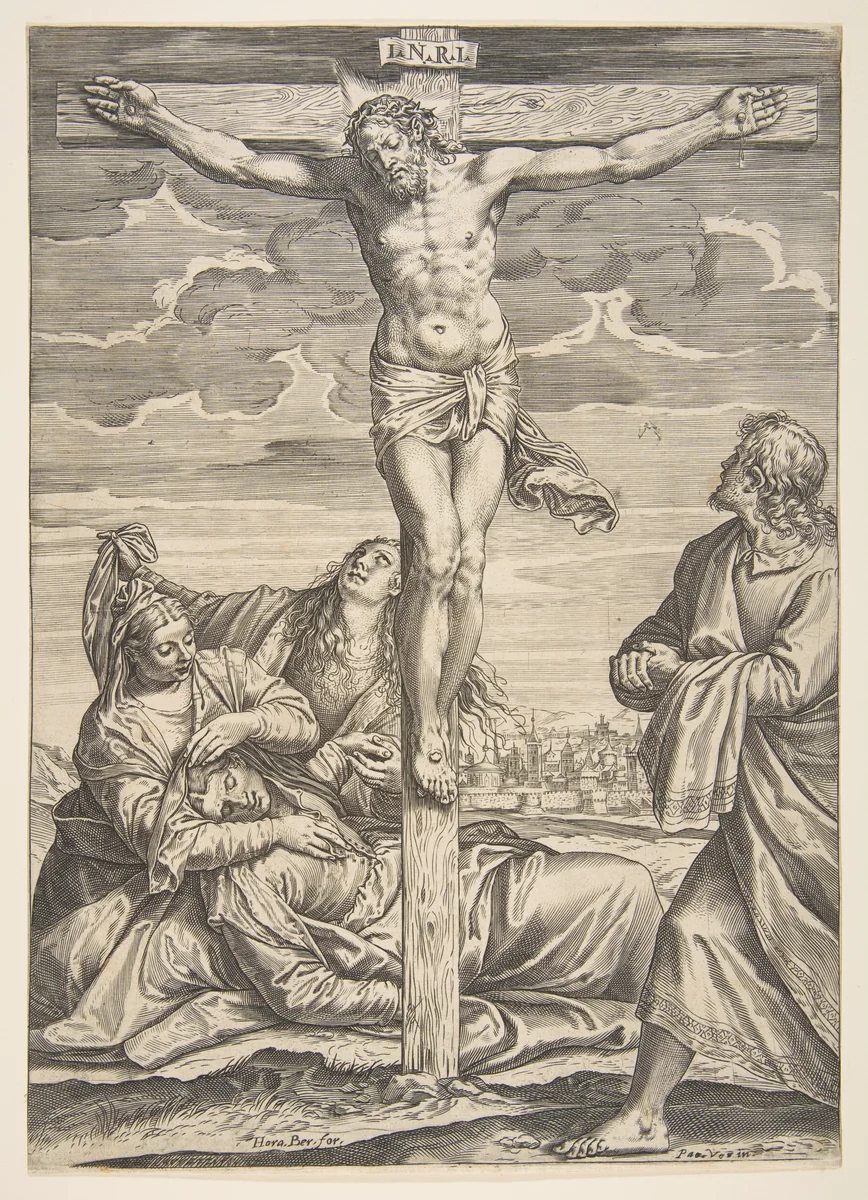 Christ on the cross, Saint John to the right looking toward him, to the left is the fainting Virgin Mary supported by two women by Agostino Carracci, print, 1582