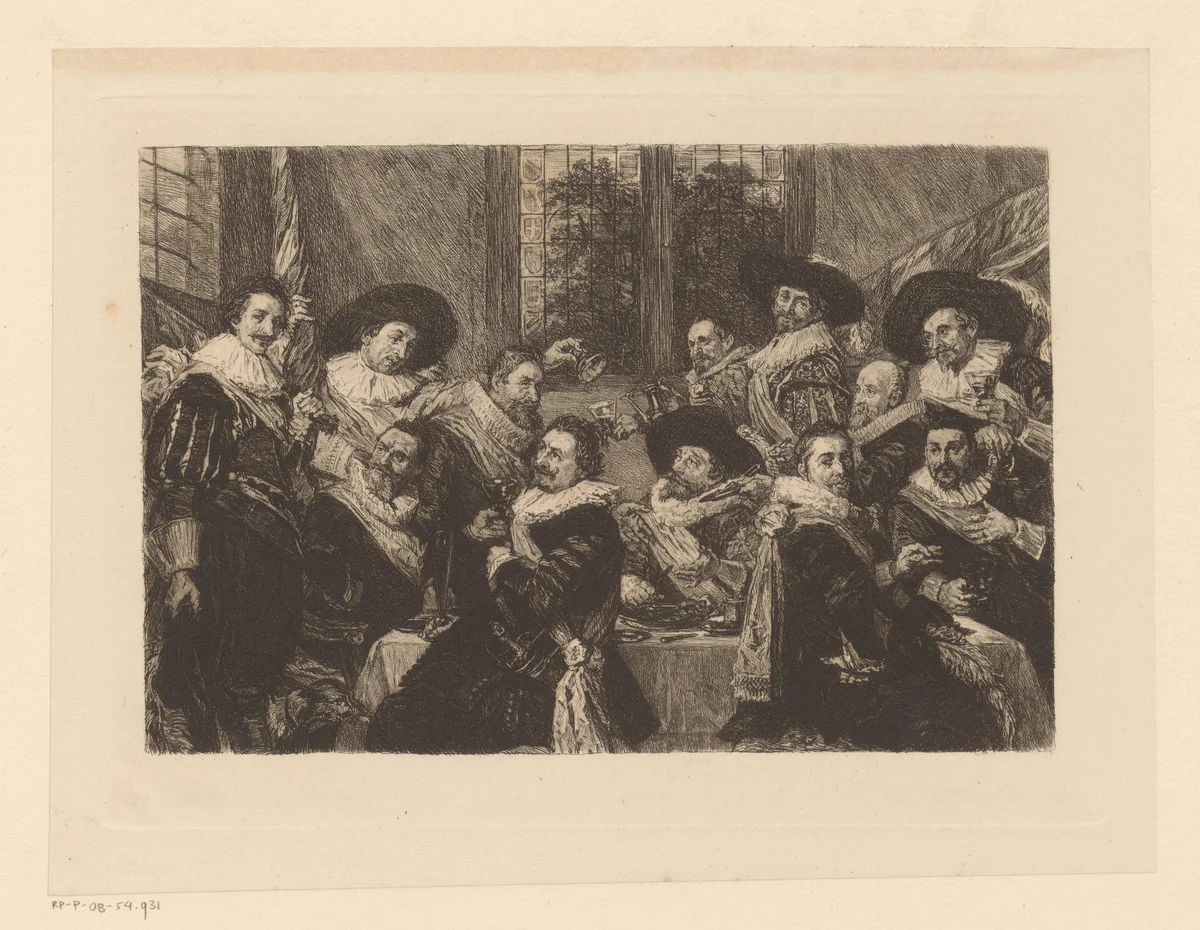 Feestmaal van officieren van de Haarlemse Cluveniersschutterij by William Unger, print, 1847-1889
