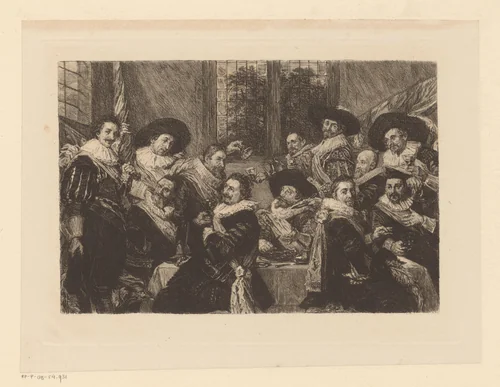 Feestmaal van officieren van de Haarlemse Cluveniersschutterij by William Unger, print, 1847-1889