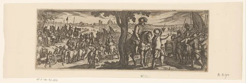 Een leger buiten een stad marcherend by Antonio Tempesta, print, 1599