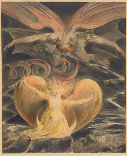 The Great Red Dragon and the Woman Clothed with the Sun by William Blake, drawing, 1805
