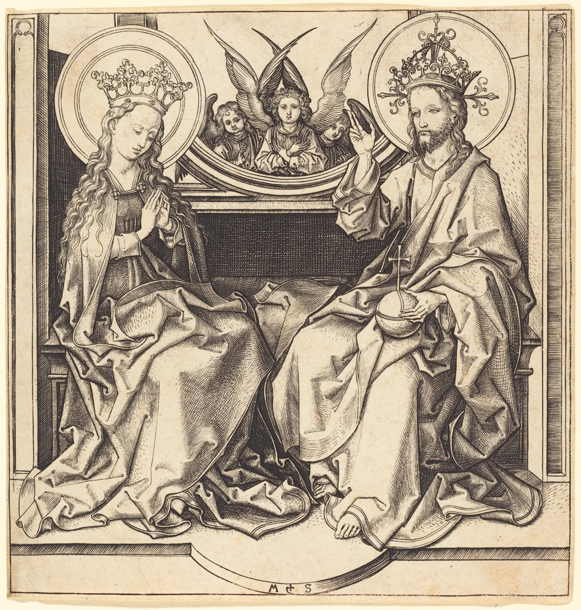 Christ Blessing the Virgin by Martin Schongauer, print, 1480-1490