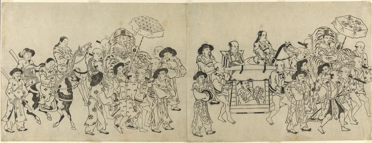 Arrival of the Korean Embassy in Edo by Torii Kiyonobu I (鳥居 清信), print, 1704-1714