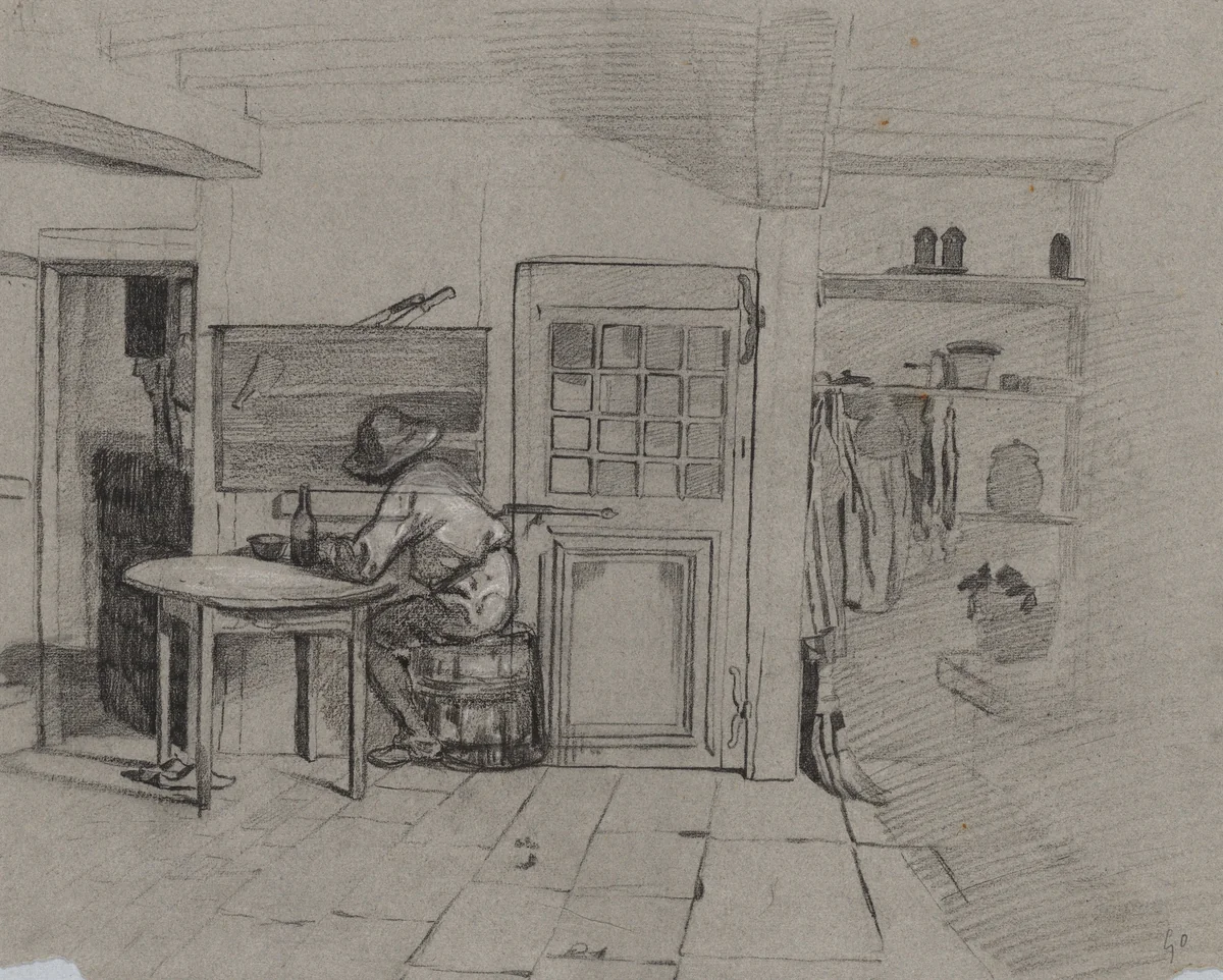 A Farmhouse Interior with a Boy at a Table by Alexandre-Gabriel Decamps, drawing, 1841-1851
