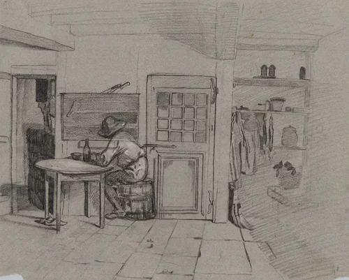 A Farmhouse Interior with a Boy at a Table by Alexandre-Gabriel Decamps, drawing, 1841-1851