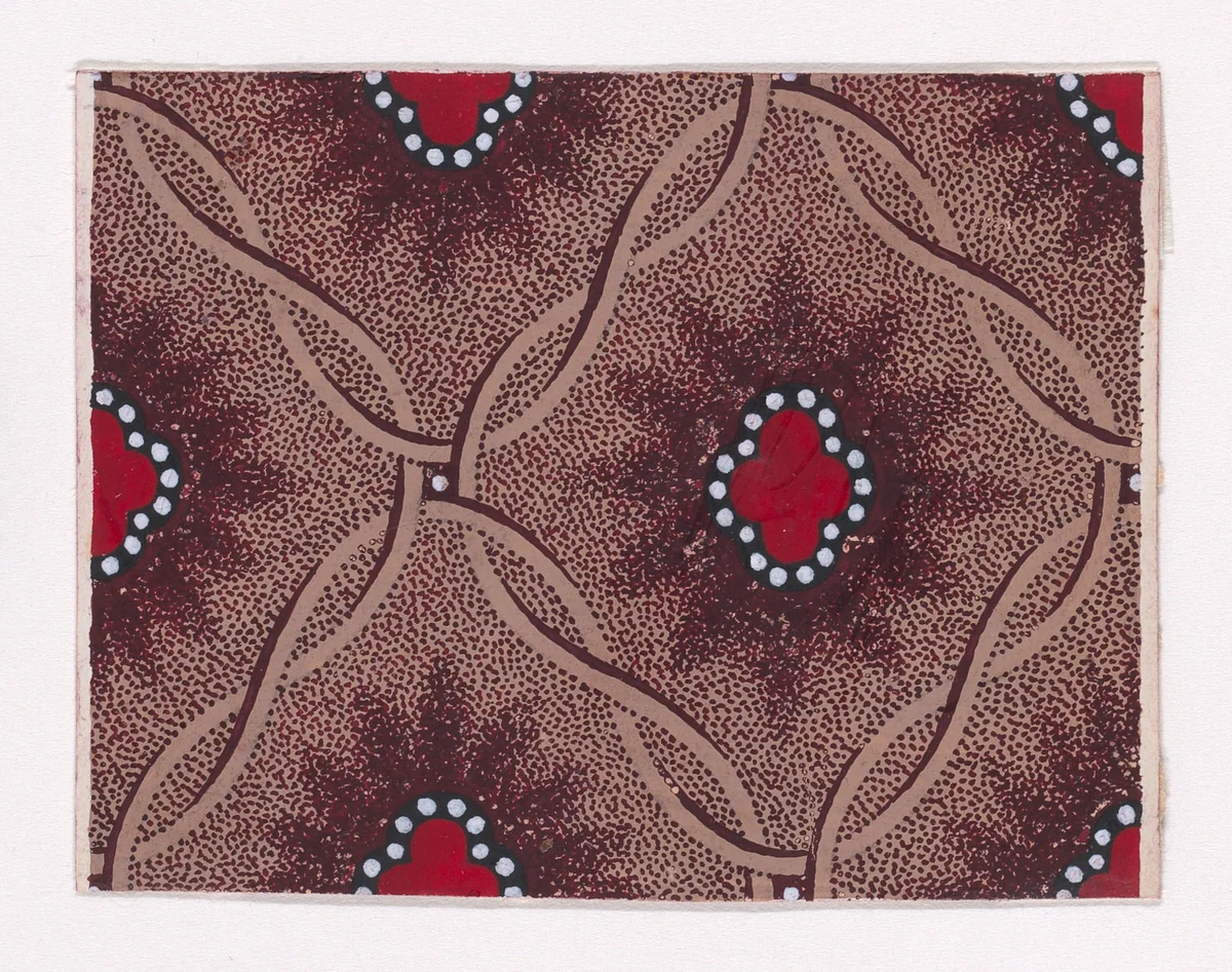 Textile Design with Alternating Quatrefoils Bordered with Pearls and Framed by Interlacing Ribbons by anonymous, drawing, 1840