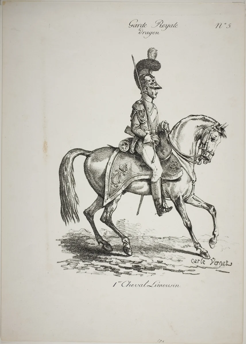 Royal Guard, Norman Mounted Dragoon and Horse, No. 5, First Limoges Horse by Carle Vernet, print, 1813-1823