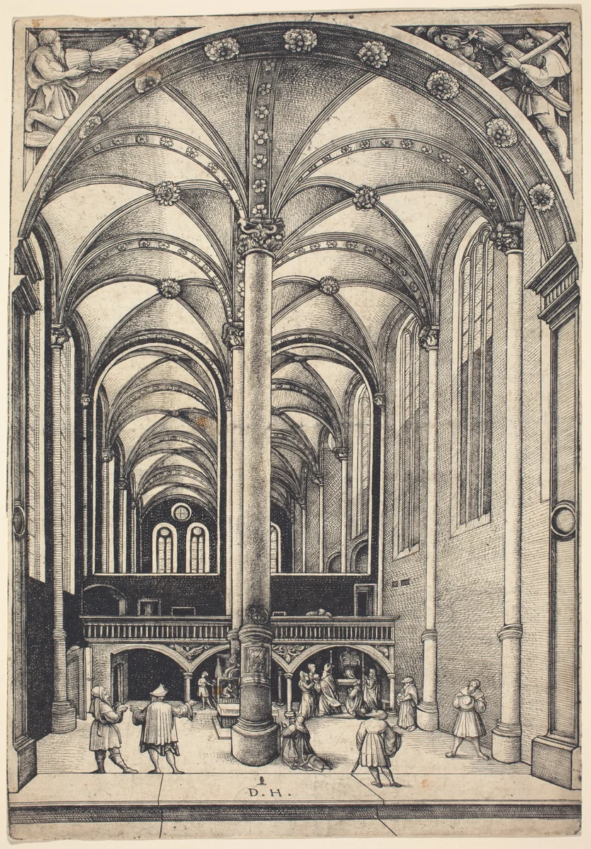 Interior of the Church of Saint Maria Magdalena with the Parable of the Offering of the Widow by Daniel Hopfer, print, 1525-1535
