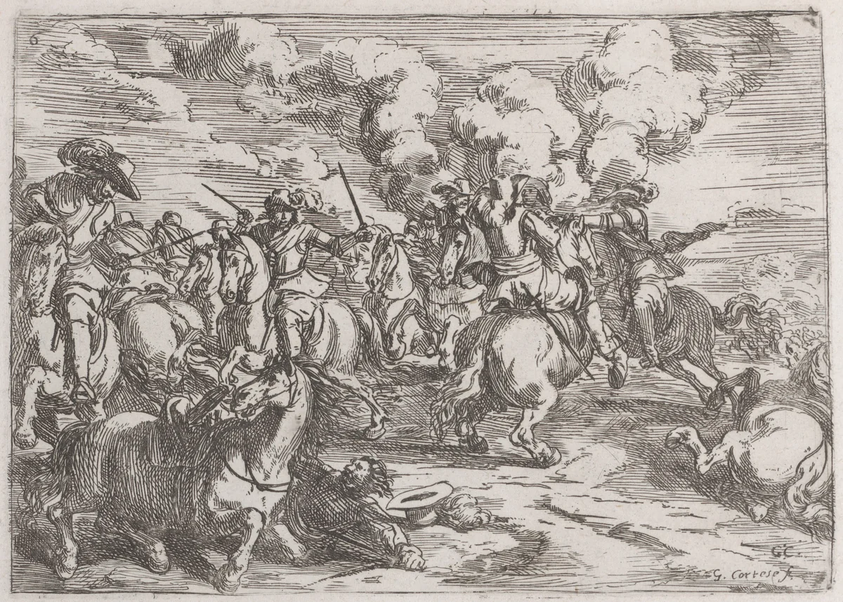 Plate 6: the combat by Jacques Courtois, print, 1635-1660