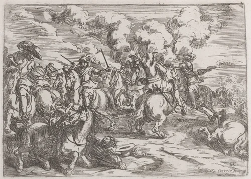 Plate 6: the combat by Jacques Courtois, print, 1635-1660
