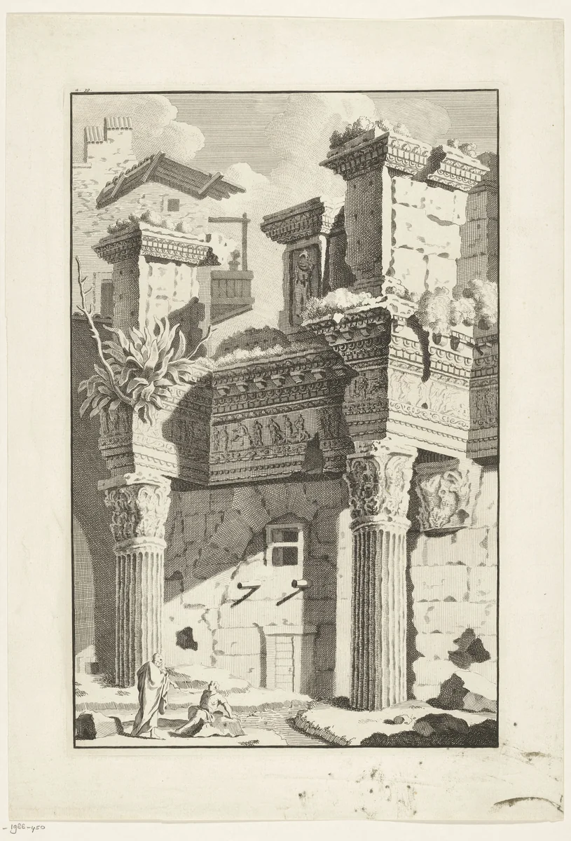 Romeinse ruïne met ornamenteel fries by Bonaventura van Overbeek, print, 1708