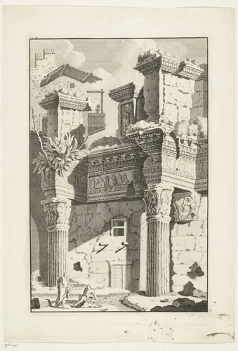 Romeinse ruïne met ornamenteel fries by Bonaventura van Overbeek, print, 1708