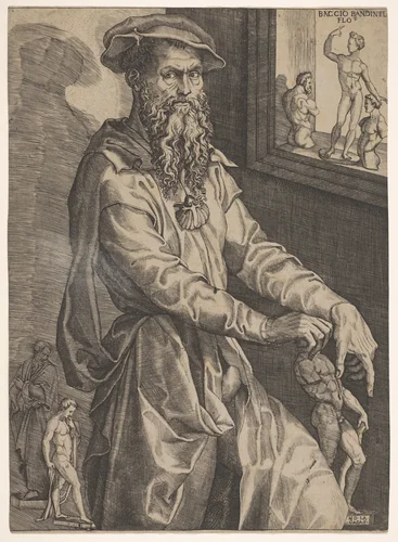 Portrait of Baccio Bandinelli, in three-quarter length next to a window pane containing a statuette and statuette fragments, the artist grasps with his right hand the head of a statuette resting at his left side by Niccolò della Casa, print, 1535-1545