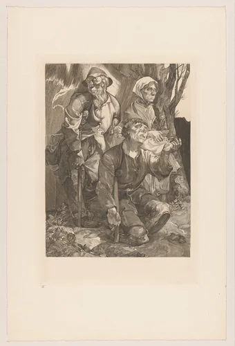 Drie bedelaars bij een boom by Johannes Josephus Aarts, print, 1881-1934