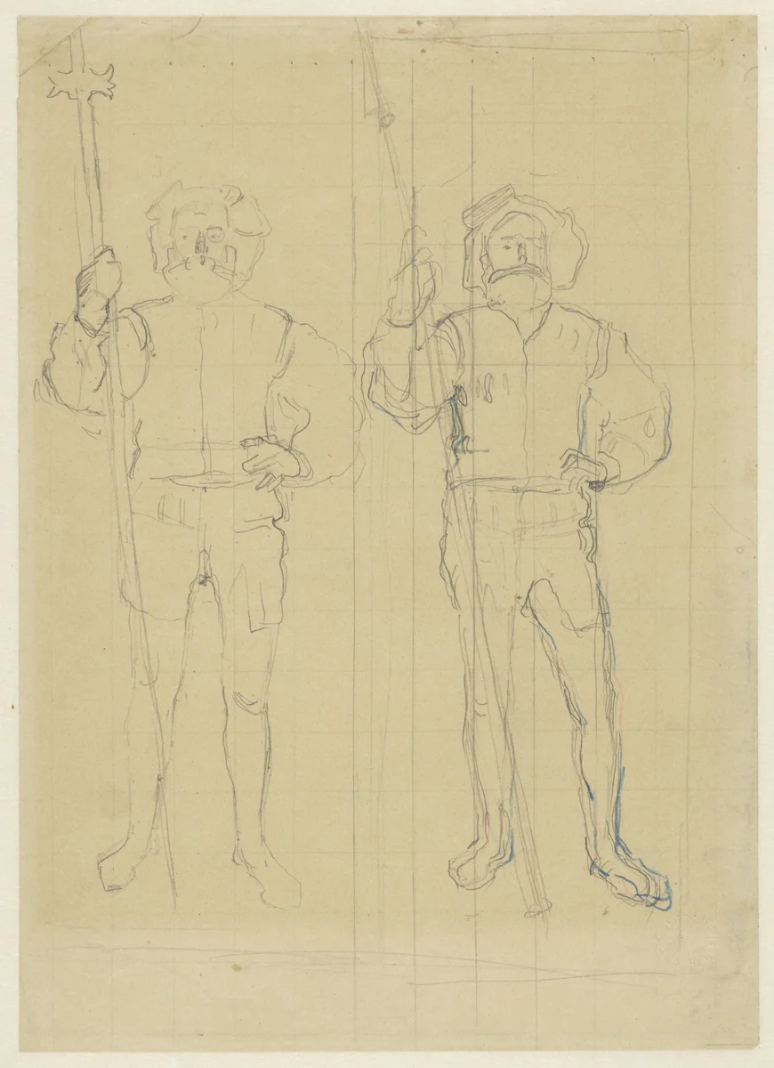 Twee staande landsknechten, met hellebaarden by Ferdinand Hodler, drawing, 1863-1918
