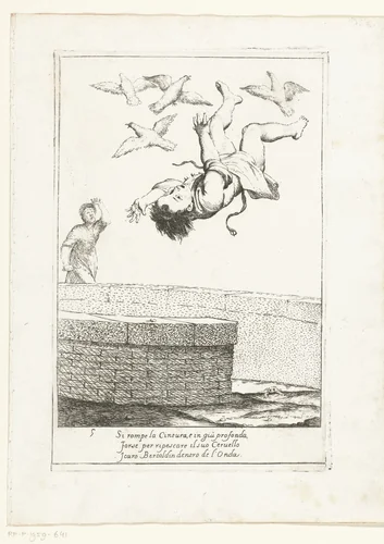 Bertoldino valt in de vijver by Giuseppe Maria Crespi, print, 1710-1715