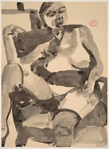Untitled [seated female nude in stockings with right leg over chair arm] by Richard Diebenkorn, drawing, 1955-1967