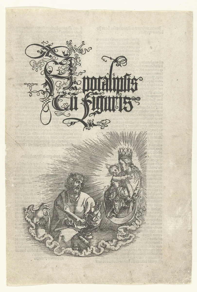 Titelprent met Johannes de Evangelist en Maria met het Christuskind by Albrecht Dürer, print, 1511