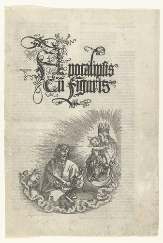 Titelprent met Johannes de Evangelist en Maria met het Christuskind by Albrecht Dürer, print, 1511