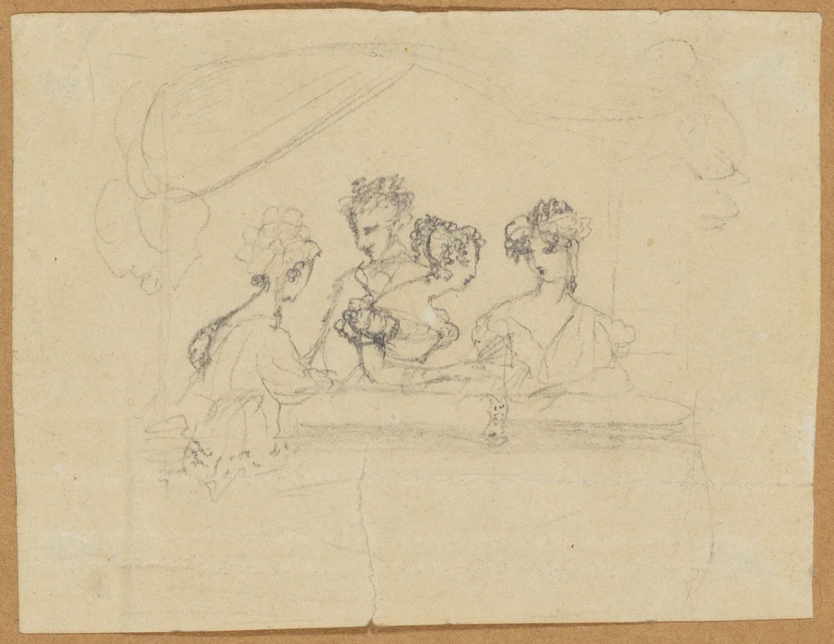 Three Ladies and a Gentleman in a Theater Box by anonymous, drawing, 1823-1833